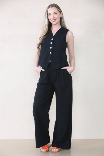 KATCH ME Women's Commuter V Neck Sleeveless Button Up Top & Wide Leg Trousers Co-ord